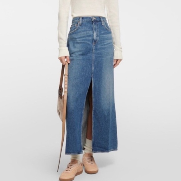 NWOT Agolde Leif Denim Skirt Medium Wash Denim Maxi Skirt High Slit - Picture 2 of 10